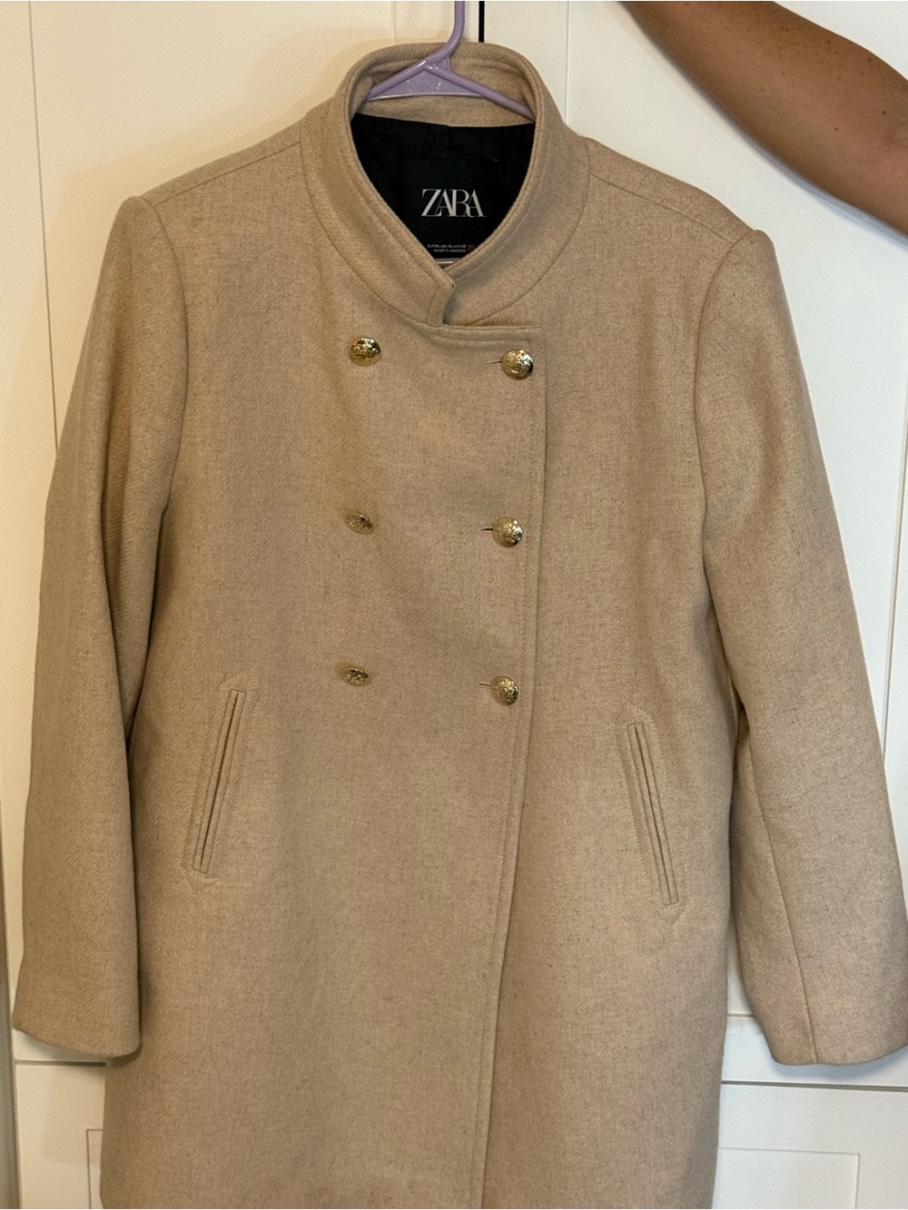 Zara Tan Double-Breasted Wool-Blend Peacoat with Gold Buttons